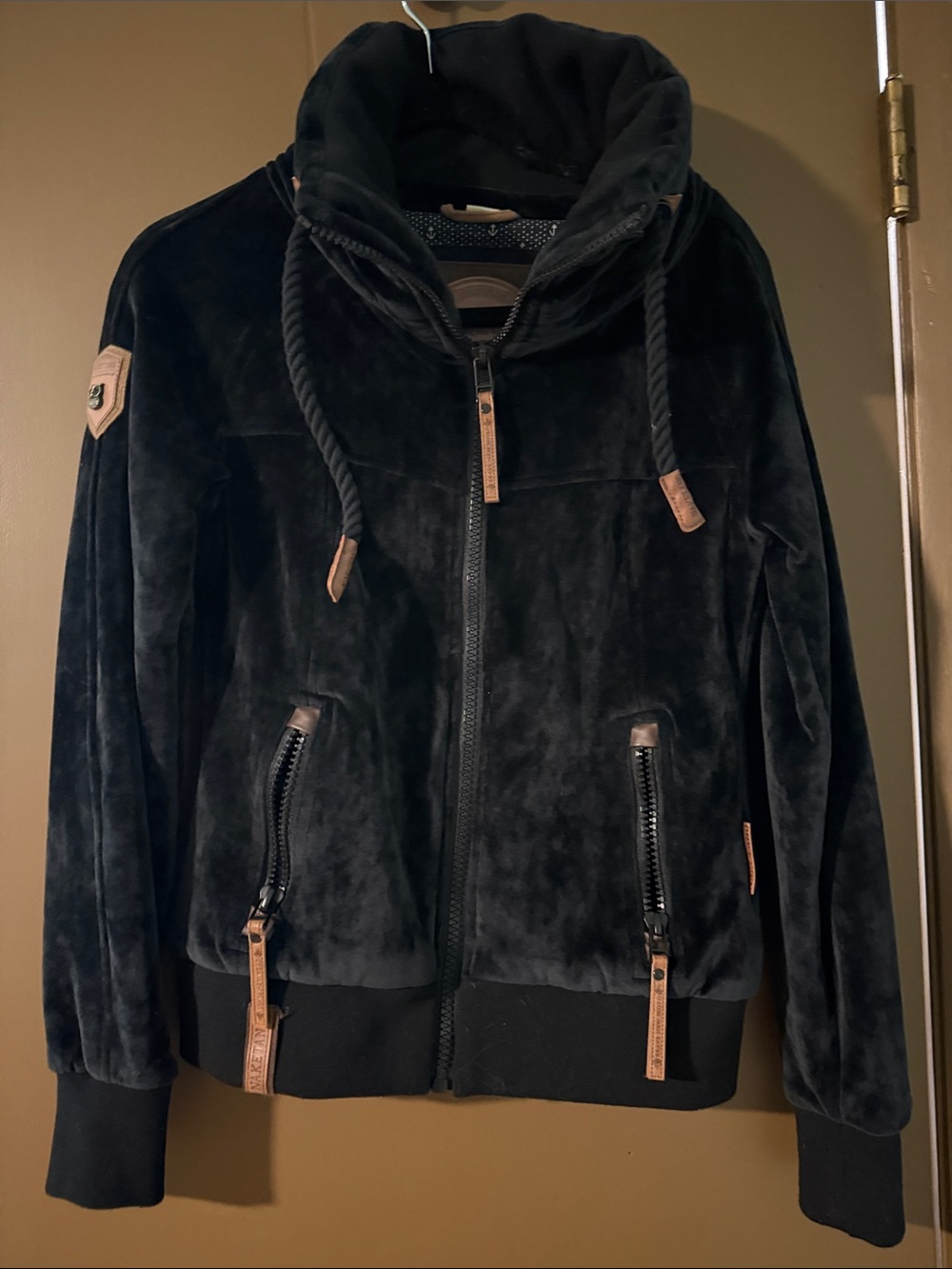 Black Plush Hooded Bomber with Leather-Accent Pulls